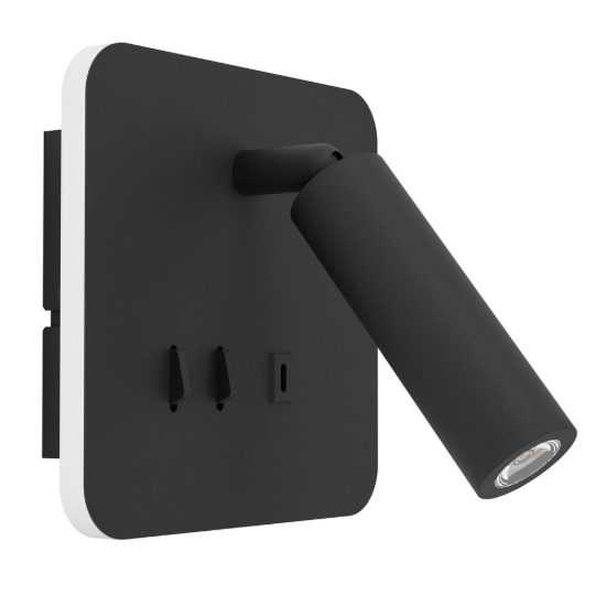 Eglo fanzarotta 1 applique per comodino camera da letto led 3w 3000k 14,5cm con usb quadrata nera