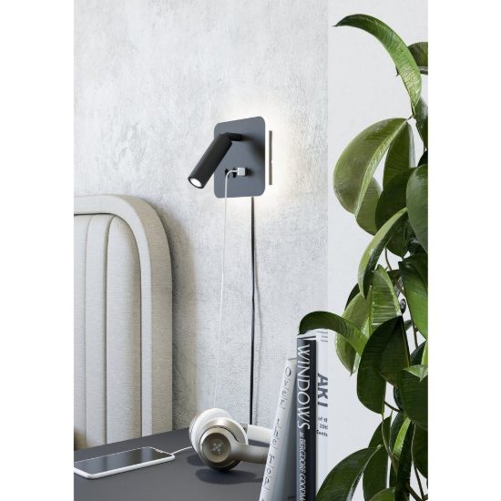 Eglo fanzarotta 1 applique per comodino camera da letto led 3w 3000k 14,5cm con usb quadrata nera