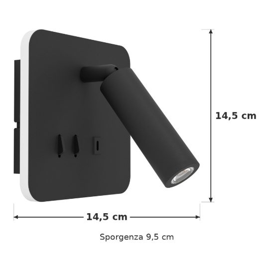 Eglo fanzarotta 1 applique per comodino camera da letto led 3w 3000k 14,5cm con usb quadrata nera