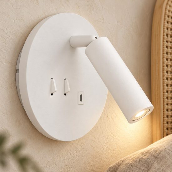 Eglo fanzarotta applique per comodino camera da letto led 3w 3000k 14,5cm con usb rotonda bianca