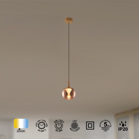 Lampada a sospensione per camera da letto oro vetro led 5w 3000k