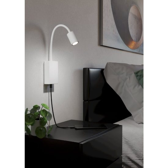 Eglo tazzoli applique per comodino led 3,8w 3000k 30cm con usb e braccio flessibile bianca
