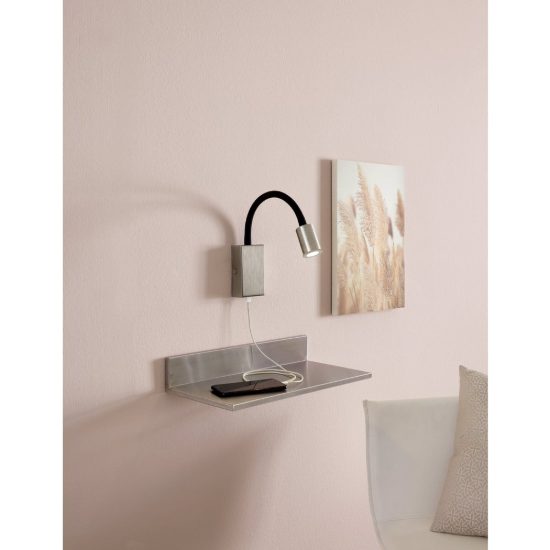 Eglo tazzoli applique per comodino led 3,8w 3000k 30cm con usb e braccio flessibile nichel e nera