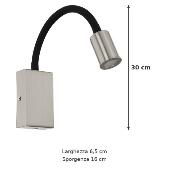 Eglo tazzoli applique per comodino led 3,8w 3000k 30cm con usb e braccio flessibile nichel e nera