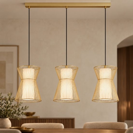 Eglo maseta lampadario a sospensione 3 luci 93cm per cucina moderno oro con vetri bianchi