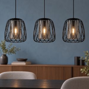 Eglo floresta lampadario a sospensione 3 luci 89cm per cucina industriale nero con vetri fumé