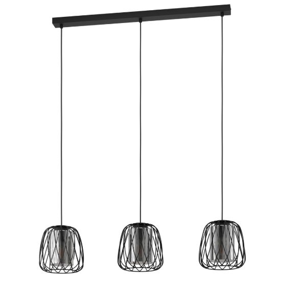 Eglo floresta lampadario a sospensione 3 luci 89cm per cucina industriale nero con vetri fumé