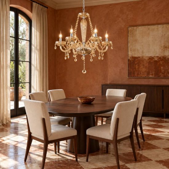 Eglo basilano lampadario 6 luci 72cm per sala da pranzo classico cromo con pendenti cognac