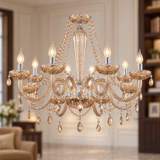 Eglo basilano lampadario 8 luci 82cm per salotto classico cromo con pendenti cognac