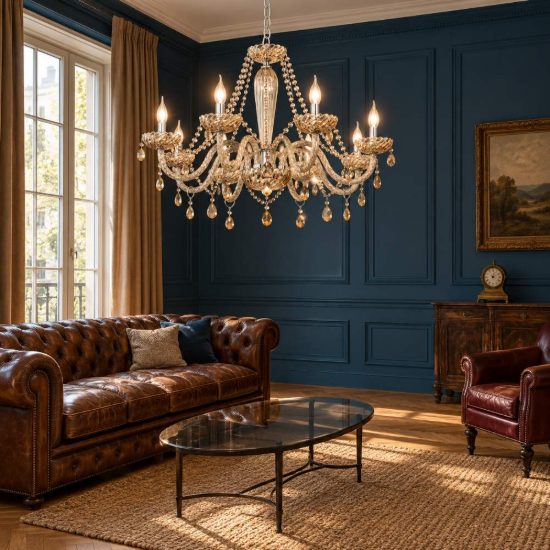 Eglo basilano lampadario 8 luci 82cm per salotto classico cromo con pendenti cognac