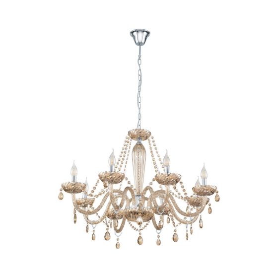 Eglo basilano lampadario 8 luci 82cm per salotto classico cromo con pendenti cognac