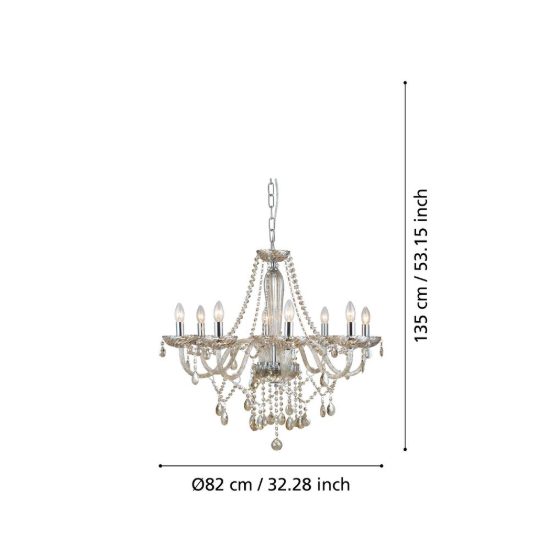 Eglo basilano lampadario 8 luci 82cm per salotto classico cromo con pendenti cognac