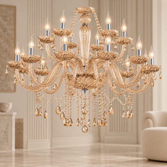 Eglo basilano lampadario 18 luci 100cm per salotto classico cromo con pendenti cognac