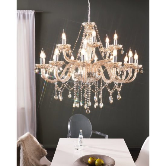 Eglo basilano lampadario 18 luci 100cm per salotto classico cromo con pendenti cognac