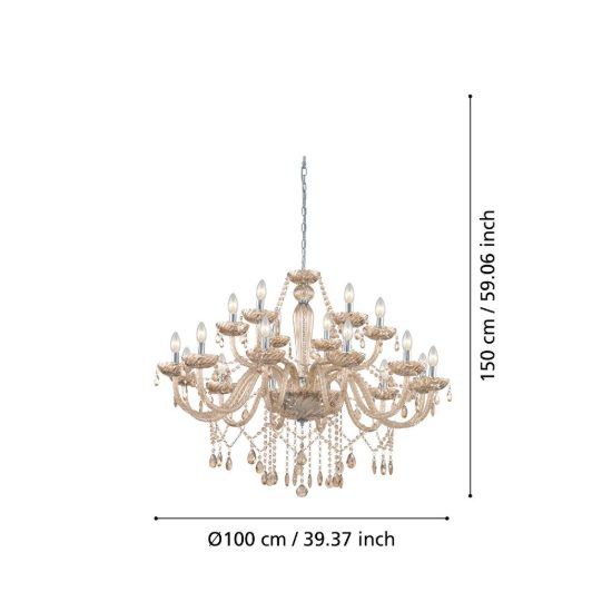 Eglo basilano lampadario 18 luci 100cm per salotto classico cromo con pendenti cognac