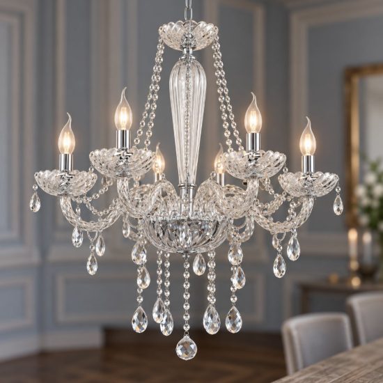 Eglo basilano 1 lampadario 6 luci 72cm per sala da pranzo classico cromo con pendenti trasparenti