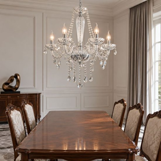 Eglo basilano 1 lampadario 6 luci 72cm per sala da pranzo classico cromo con pendenti trasparenti