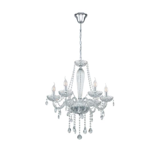 Eglo basilano 1 lampadario 6 luci 72cm per sala da pranzo classico cromo con pendenti trasparenti