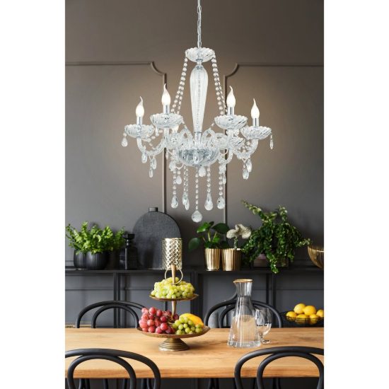 Eglo basilano 1 lampadario 6 luci 72cm per sala da pranzo classico cromo con pendenti trasparenti
