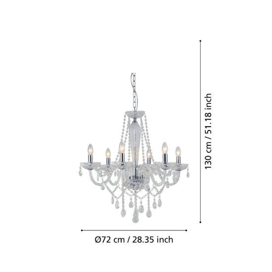 Eglo basilano 1 lampadario 6 luci 72cm per sala da pranzo classico cromo con pendenti trasparenti