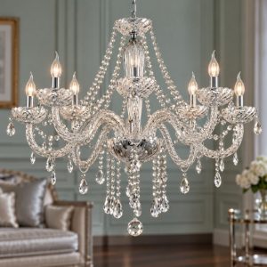 Eglo basilano 1 lampadario 8 luci 82cm per salotto classico cromo con pendenti trasparenti