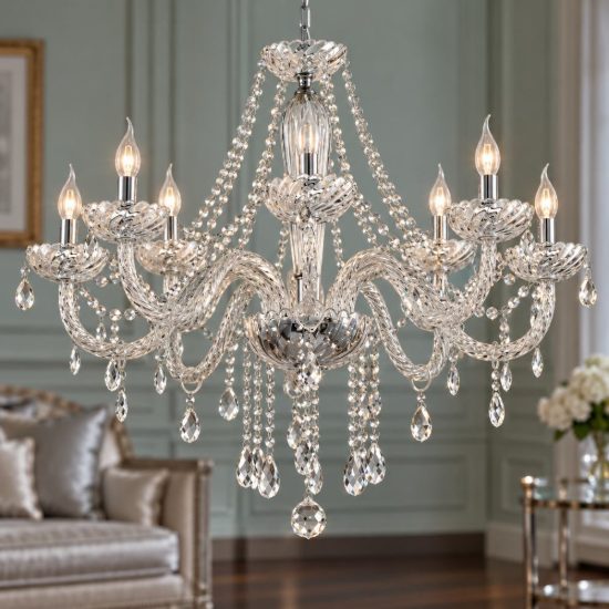 Eglo basilano 1 lampadario 8 luci 82cm per salotto classico cromo con pendenti trasparenti
