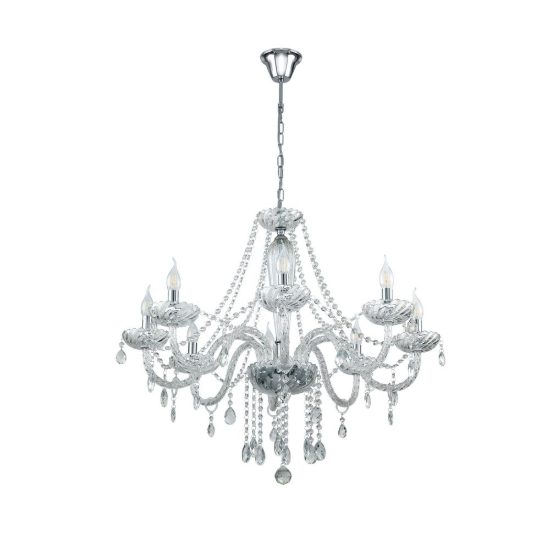 Eglo basilano 1 lampadario 8 luci 82cm per salotto classico cromo con pendenti trasparenti