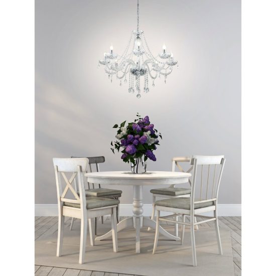 Eglo basilano 1 lampadario 8 luci 82cm per salotto classico cromo con pendenti trasparenti