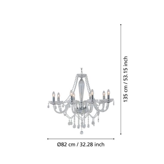 Eglo basilano 1 lampadario 8 luci 82cm per salotto classico cromo con pendenti trasparenti