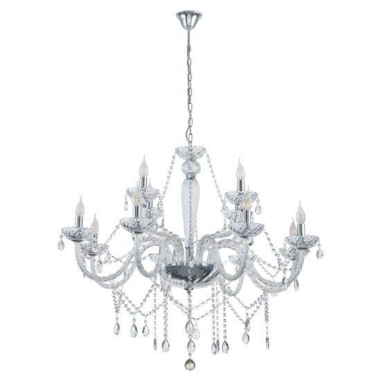 Eglo basilano 1 lampadario 12 luci 100cm per salotto classico cromo con pendenti trasparenti