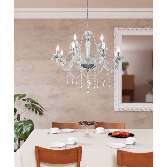 Eglo basilano 1 lampadario 12 luci 100cm per salotto classico cromo con pendenti trasparenti