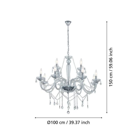 Eglo basilano 1 lampadario 12 luci 100cm per salotto classico cromo con pendenti trasparenti