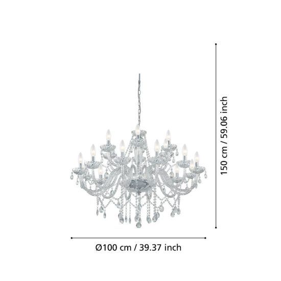 Eglo basilano 1 lampadario 18 luci 100cm per salotto classico cromo con pendenti trasparenti