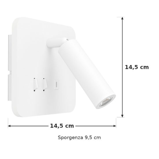 Eglo fanzarotta applique per comodino camera da letto led 3w 3000k 14,5cm con usb quadrata bianca