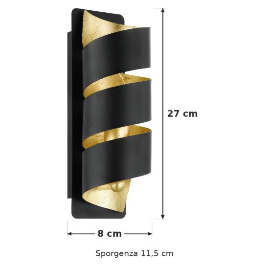 Eglo elizondo applique 27cm per corridoio moderna a spirale nera e oro
