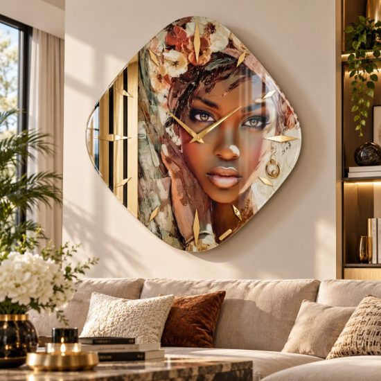Orologio rombo da parete viso donna in resina dettagli oro lucido 50x50
