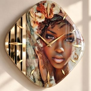 Grande orologio rombo da parete viso donna resina dettagli oro lucido 70x70