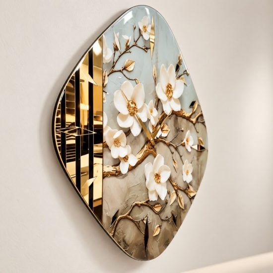 Orologio rotondo a parete in resina albero fiorito dettagli oro lucido