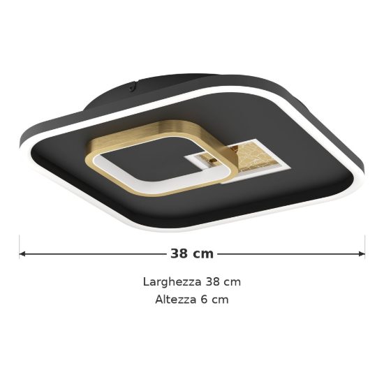 Eglo tiriolo plafoniera led 25,4w 4000k 38cm per soggiorno moderna quadrata nera e oro