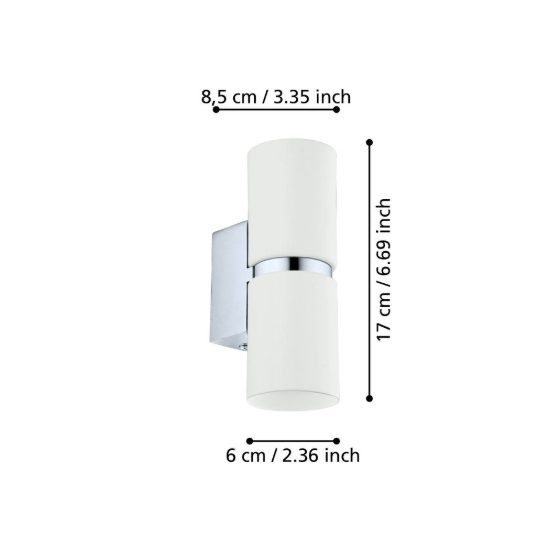 Eglo passa applique 2 luci gu10 led 5,6w 3000k 17cm per camera da letto moderna cromo e bianca