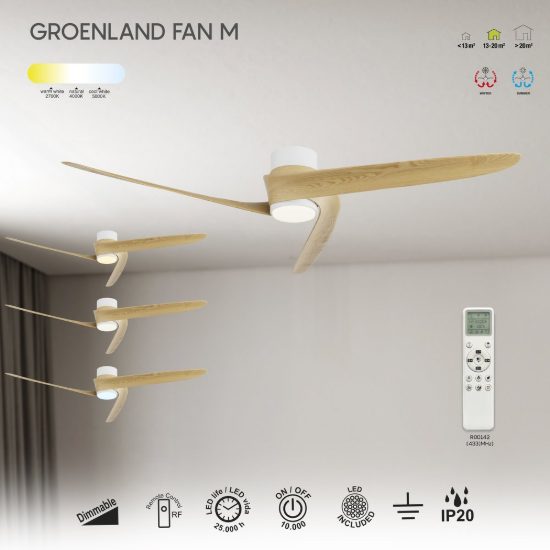 Ventilatore da soffitto bianco legno con luce con telecomando led 20w cct 2700k 5000k dimmerabile