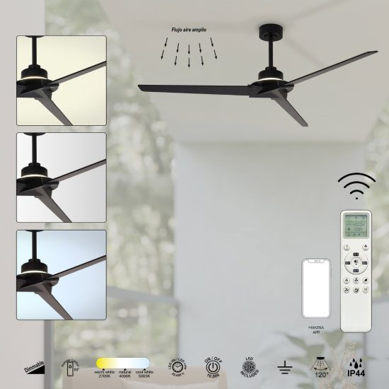 Ventilatore da soffitto per esterno nero con telecomando led 20w cct 2700k 5000k ip44 dimmerabile