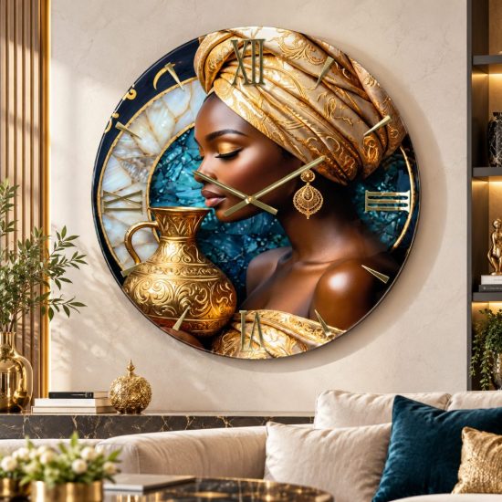 Orologio rotondo per parete in resina donna tribale dettagli oro lucido 40cm