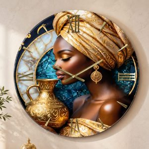 Orologio a parete resina rotondo donna tribale dettagli oro 80cm