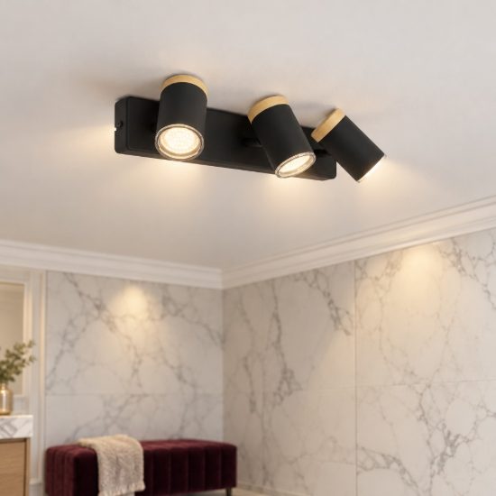 Eglo consuma plafoniera con 3 faretti gu10 orientabili 40cm ip44 per bagno moderna nera e marrone