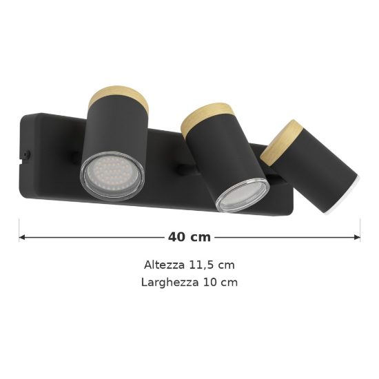 Eglo consuma plafoniera con 3 faretti gu10 orientabili 40cm ip44 per bagno moderna nera e marrone