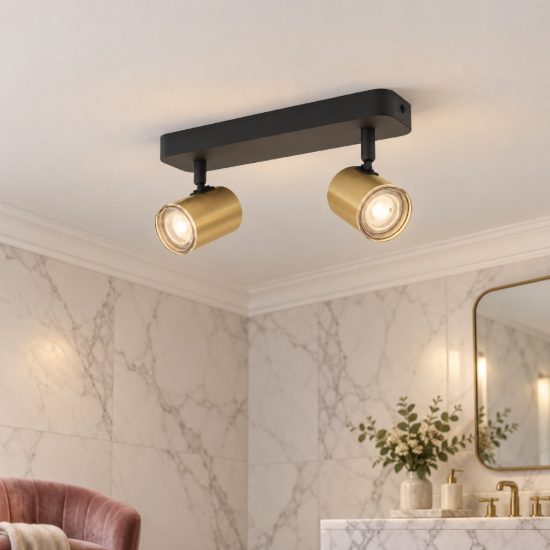 Eglo consuma 1 plafoniera con 2 faretti gu10 orientabili 28cm ip44 per bagno moderna nera e ottone