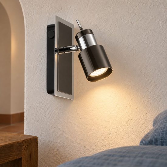 Eglo davida 1 applique con faretto gu10 led 4,6w 3000k orientabile 16,5cm per camera da letto moderna nichel nero