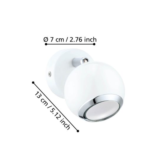 Eglo bimeda applique con faretto gu10 led 2,8w 3000k orientabile 7cm per soggiorno moderna bianca e cromo