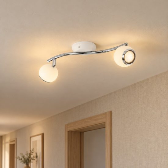 Eglo bimeda plafoniera con 2 faretti gu10 led 5,6w 3000k orientabili 36,5cm per corridoio moderna bianca e cromo